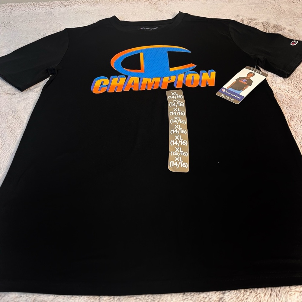 Champion Kids Black Tee with Blue and Orange Logo - Picture 4 of 6